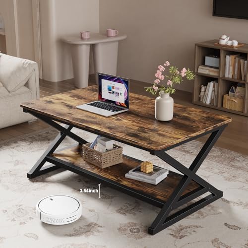 Rustic Brown Rectangle Coffee Table for Living Room, 39.4" Farmhouse Minimalist Industrial Wooden Metal 2 Tier Center Tables with Storage Shelf, 350lbs Load Capacity, Easy Assembly