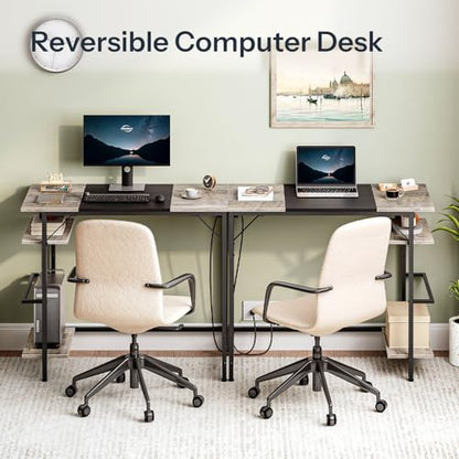 Small Computer Desk, Home Office Desk with Power Outlet, Writing Desk with 2 Shelves, Modern Small Desk for Home Office, Study, Easy to Assemble, Charcoal Gray and Black BG43UDN01