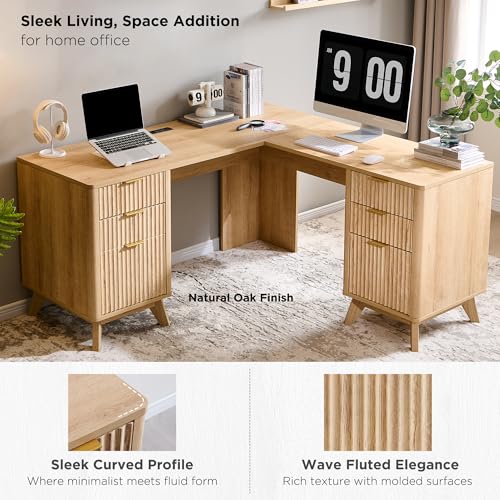 60'' Fluted Executive L Shaped Desk, Modern Home Office Desk with Charging Station and File Drawer, Computer Corner Desks with Drawers & Storage Cabinet for Office Home, Bedroom, Natural Oak