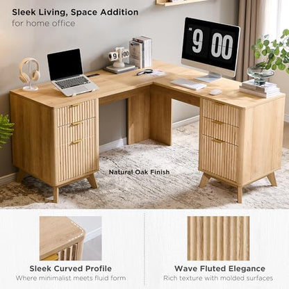 60'' Fluted Executive L Shaped Desk, Modern Home Office Desk with Charging Station and File Drawer, Computer Corner Desks with Drawers & Storage Cabinet for Office Home, Bedroom, Natural Oak