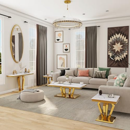 Gold Console Table, Luxury White and Gold Sofa Table, 50 inch Rectangle Entryway Table with Polished Geometric Base for Living Room, Hallway
