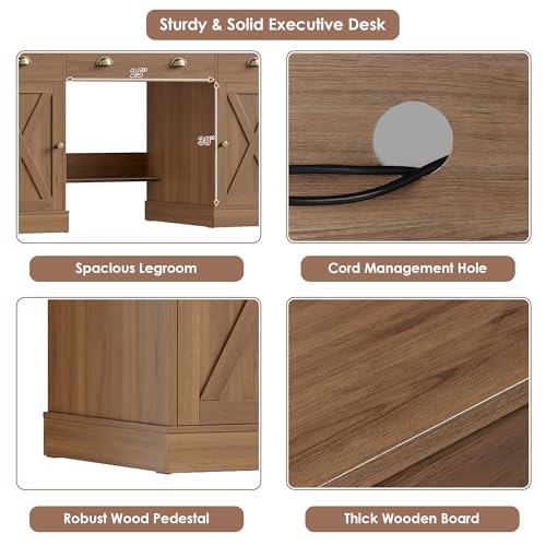 75" Executive Desk with Hutch and Drawers, Computer Desk with Glass Door and Storage Cabinet, 63" W Large Farmhouse Workstation for Home Office Study Writing Gaming Table, Brown