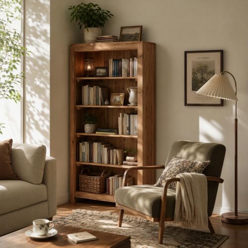 71" Solid Wood 5-Tier Tall Bookcase (1, Brown), view 4