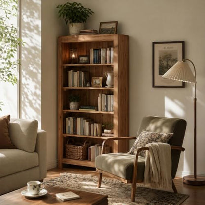 71" Solid Wood 5-Tier Tall Bookcase (1, Brown), view 4