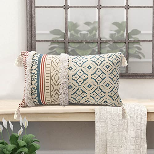 Lumber Boho Throw Pillow Cover for Couch Sofa - Cotton Hand-Woven Tufted Moroccan Decorative Pillows Cover with Tassels for Farmhouse Living Room Bedroom Car Hotel - Blue 12 x 20 Inches