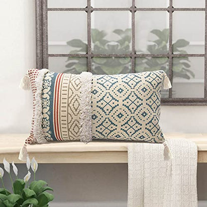 Lumber Boho Throw Pillow Cover for Couch Sofa - Cotton Hand-Woven Tufted Moroccan Decorative Pillows Cover with Tassels for Farmhouse Living Room Bedroom Car Hotel - Blue 12 x 20 Inches