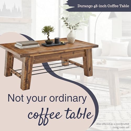 Durango Solid Wood Coffee Table with Metal Storage Shelf | 48-Inch, Rustic Industrial Living Room Table, Metal Accent, Rustic Natural Grain Lacquer Finish