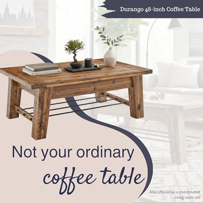 Durango Solid Wood Coffee Table with Metal Storage Shelf | 48-Inch, Rustic Industrial Living Room Table, Metal Accent, Rustic Natural Grain Lacquer Finish
