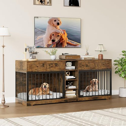 82" Large Double Dog Crate Furniture with Drawers and Shelves, Brown, view 7
