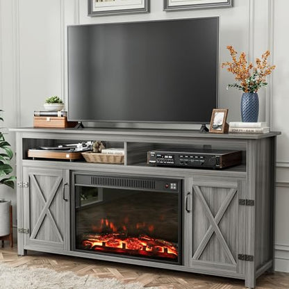 Farmhouse Fireplace TV Stand for TVs up to 65+ Inch, Gray Wash, view 2