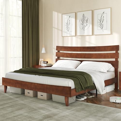 Mid Century Queen Size Solid Wood Platform Bed, Slatted Headboard, view 4