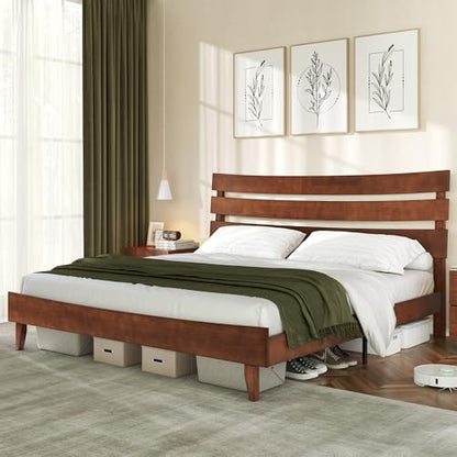 Mid Century Queen Size Solid Wood Platform Bed, Slatted Headboard, view 4