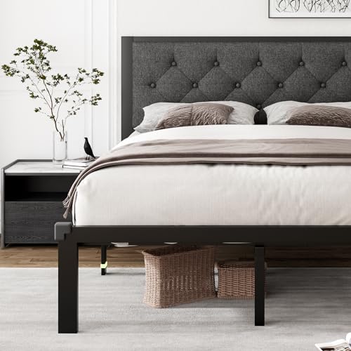 Full Size Metal Bed Frame, Linen Platform Bed Frame with Button Tufted Headboard, view 2