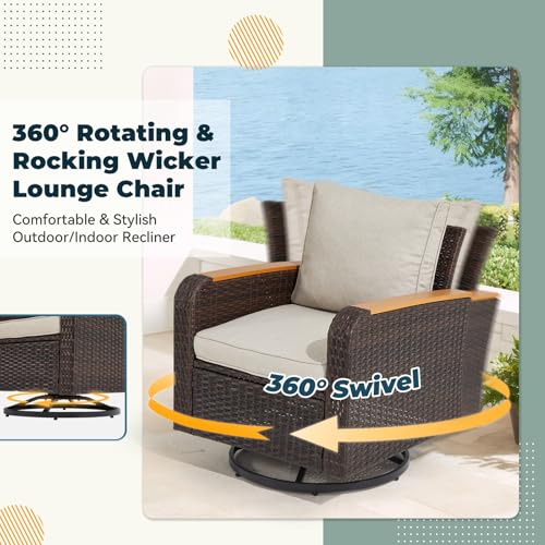 6 Pieces Patio Furniture Sets with Swivel Chairs, Wicker Outdoor Furniture Set for Porch Deck Bistro Lawn Garden Backyard Poolsid- Brown Rattan/Khaki