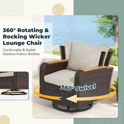 6 Pieces Patio Furniture Sets with Swivel Chairs, Wicker Outdoor Furniture Set for Porch Deck Bistro Lawn Garden Backyard Poolsid- Brown Rattan/Khaki