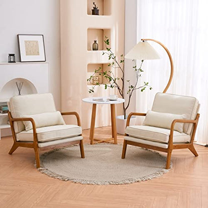 Mid-Century Accent Reading Chairs Set of 2, Beige | Linen Upholstered, Solid Wood Frame, Soft Cushion, Lumbar Pillow, Lounge Armchair for Living Room, Bedroom, Balcony, Study