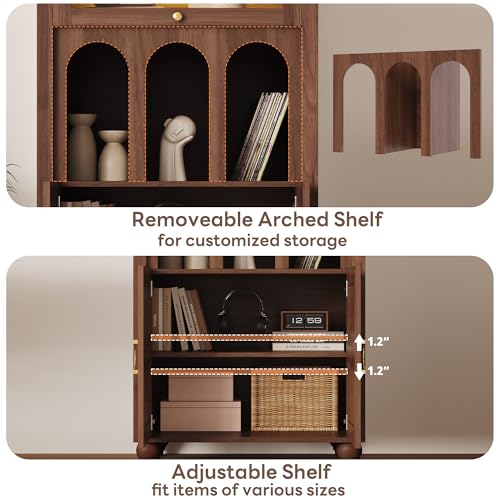 72.8'' Tall Arched Cabinet with LED Light, Rattan Door, Walnut, view 7