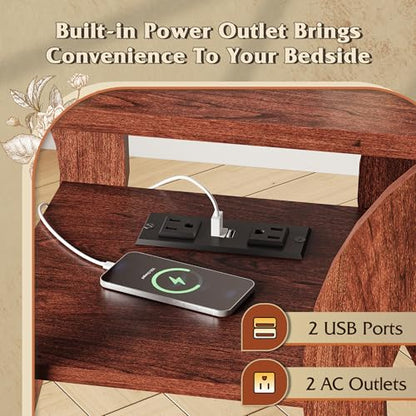 End Tables Living Room Set of 2, Cherry Side Tables with Charging Station, Nightstand for Bedroom, 3 Tier End Table with Storage Shelf, Side Table Set of 2 for Living Room, Cherry