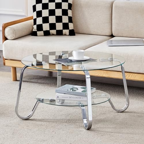 31.5" Silver Round Glass Coffee Table Modern Living Room Table 2-Layer Sofa, view 4