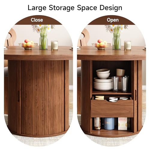 47 inch Round Dining Table for 4, Circle Kitchen Table with 2-Layer Storage Shelf and a Drawer, Modern Farmhouse Dinner Tables with Sliding Door and Wood Strip Base for Kitchen, Living Room (Walnut)