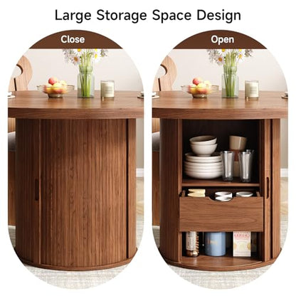 47 inch Round Dining Table for 4, Circle Kitchen Table with 2-Layer Storage Shelf and a Drawer, Modern Farmhouse Dinner Tables with Sliding Door and Wood Strip Base for Kitchen, Living Room (Walnut)