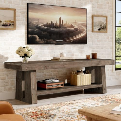 63-Inch Solid Wood TV Stand, 2-Tier Farmhouse Entertainment Center with Open Storage Shelves, TV Consoles for Living Room Bedroom, Wood Television Console for TVs up to 75 Inches