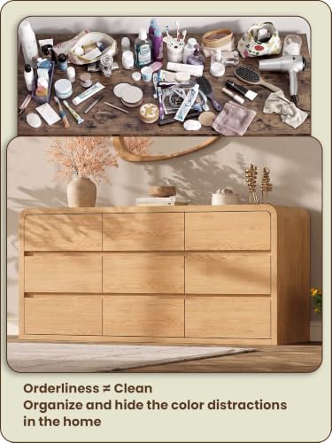 Modern 63" Wide 9 Drawers Dresser with Curved Profile Design, Oak, view 6