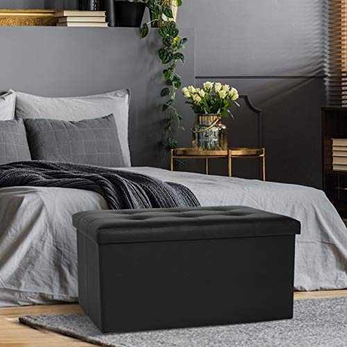 Ottoman Bench with Storage - 30x15x15in Folding Leather Ottoman, Rectangle Foot Stool Foldable Storage Chest Footrest Footstool Collapsible with Lid for Bedroom Living Room Pure Black