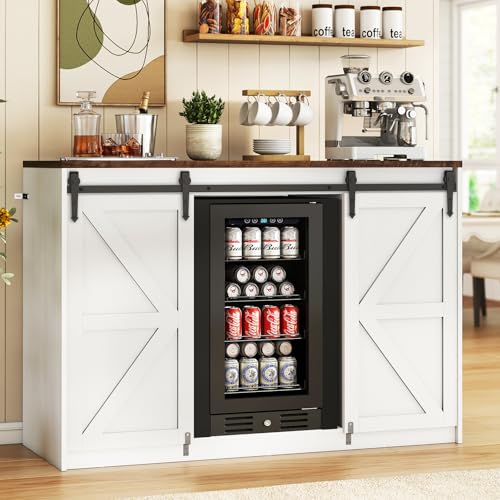Farmhouse Coffee Bar with Mini Fridge Space & Power Outlet, White | Mini Fridge Cabinet, Barn-door Design, Adjustable Shelves, For Kitchen, Dining Room, Living Room