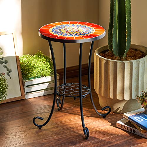Patio Side Table and Plant Stand, 21" End Table with 14" Ceramic Tile Top for Porch Garden Decor, Indoor and Outdoor Mosaic Table, Living Room Bedroom Balcony Furniture for Home & Garden, Red