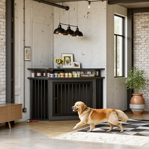 51" Corner Dog Crate Furniture with 2-Tier Storage Shelves, Gray, view 4