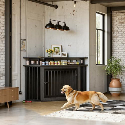 51" Corner Dog Crate Furniture with 2-Tier Storage Shelves, Gray, view 4