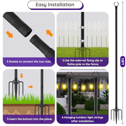zoegi 4 Pack 10Ft String Light Poles,Light Poles for Outside Lights with Fork,Outdoor Brackets Hanging Lights,Metal Stand for Deck Patio,Backyard,Wedding,Deck,Party (4Pack)