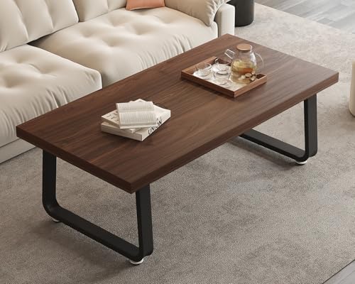 Rustic Walnut Coffee Table, Modern Center Table, Rectangle Industrial Living Room Coffee Table, Simple Farmhouse Wood and Metal Tea Table for Home Bedroom Office, Walnut, 47 in