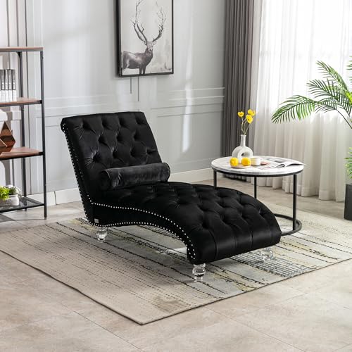 63" Retro Velvet Chaise Lounge Indoor with High Backrest, view 2