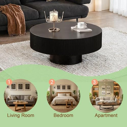 30.9” Black Fluted Drum Table-Round Wood Coffee Table | Low Profile Circle Accent Table for Small Space, Living Room