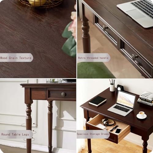 Walnut Writing Desks with Drawers, 35" Solid Wood French Country Style Computer Desk for Home Office, Living Room Study or Workspace