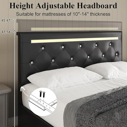 Full Bed Frames with Headboard - Upholstered Leather Bed Frame, Adjustable Headboard 2 Storage Drawers 12 Metal Slats, Noise-Free, Easy Assembly No Box Spring Needed Black