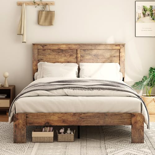 DWOYFO Wood Platform Bed Frame, Queen Bed Frame with Headboard, Dark Brown, view 4