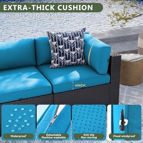 7 Piece Patio Furniture Set, Wicker Rattan Patio Sectional Sofa, Outdoor Furniture Set with Thickened Cushion, Peacock Blue