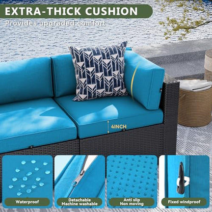 7 Piece Patio Furniture Set, Wicker Rattan Patio Sectional Sofa, Outdoor Furniture Set with Thickened Cushion, Peacock Blue