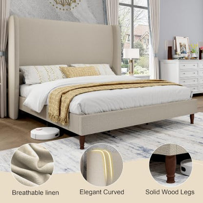 Queen Bed Frame Linen Upholstered 51.2" Tall Headboard, Light Khaki, view 5