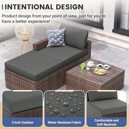 5 Piece L Shaped Outdoor Couch, Small Space Patio Furniture Set,Grey | Outdoor Sectional Sofa, All-Weather Wicker, Includes Ottoman & Glass Table, for Deck Balcony Porch Backyard