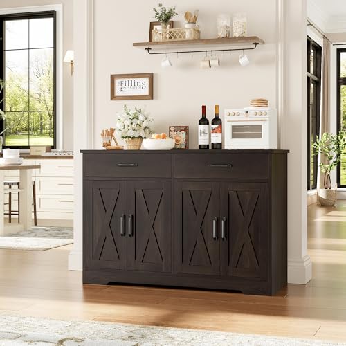 Buffet Cabinet with Storage, 47.2" Kitchen Sideboard Buffet with Drawers, Modern Farmhouse Coffee Bar Station with Shelves, Barn Doors Storage Cabinet for Living Room, Dark Brown