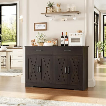 Buffet Cabinet with Storage, 47.2" Kitchen Sideboard Buffet with Drawers, Modern Farmhouse Coffee Bar Station with Shelves, Barn Doors Storage Cabinet for Living Room, Dark Brown