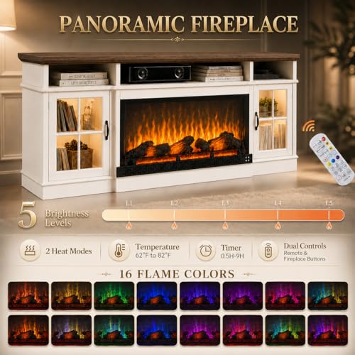 70" Fireplace TV Stand, Farmhouse TV Stand for TVs up to 80” with LED Lights, view 6