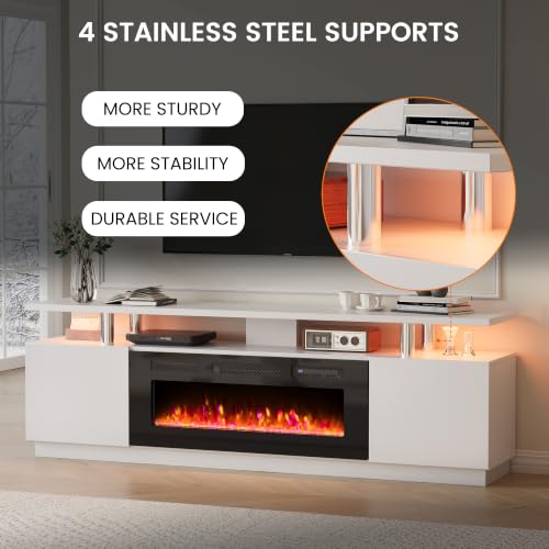 70"Electric FireplaceTV Stand,Double Layer Storage Shelves,white, view 6