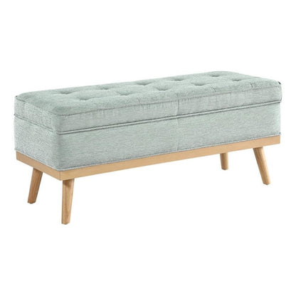 Mid-Century Modern Storage Bench, Mist Green Fabric, Wood Legs, Button-Tufted Design, Soft-Close Hinged Top, 43.5" L x 17" D x 18.5" H, Extra Seating and Hidden Storage for Entryway or