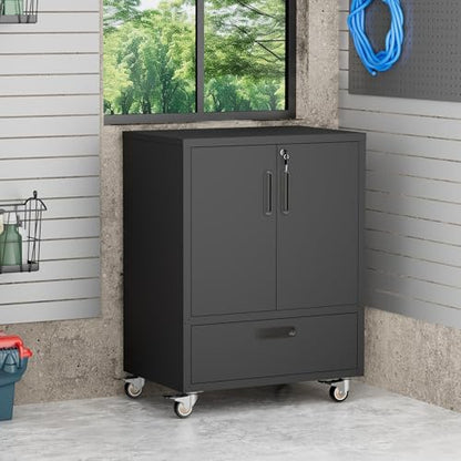 Metal Storage Cabinet with Wheels, Heavy Duty Steel Tool Cabinet with Doors and Drawer, Lockable Tool Cart for Garage Basement Workshop Warehouse, Assembly Required (Black)