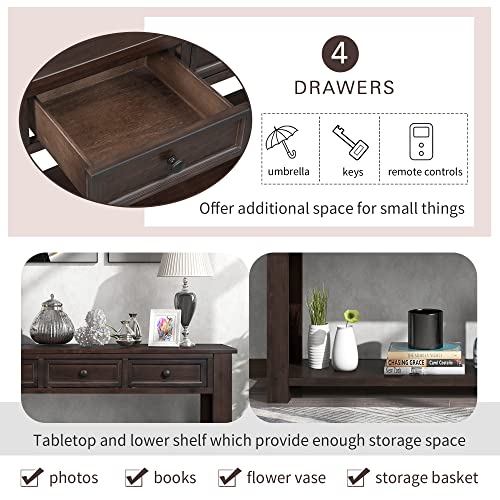 Console Table Hallway Sofa Entryway Side Table 63" Long Furniture with 4 Drawers and Bottom Shelf for Living Room Home Decor (Espresso)